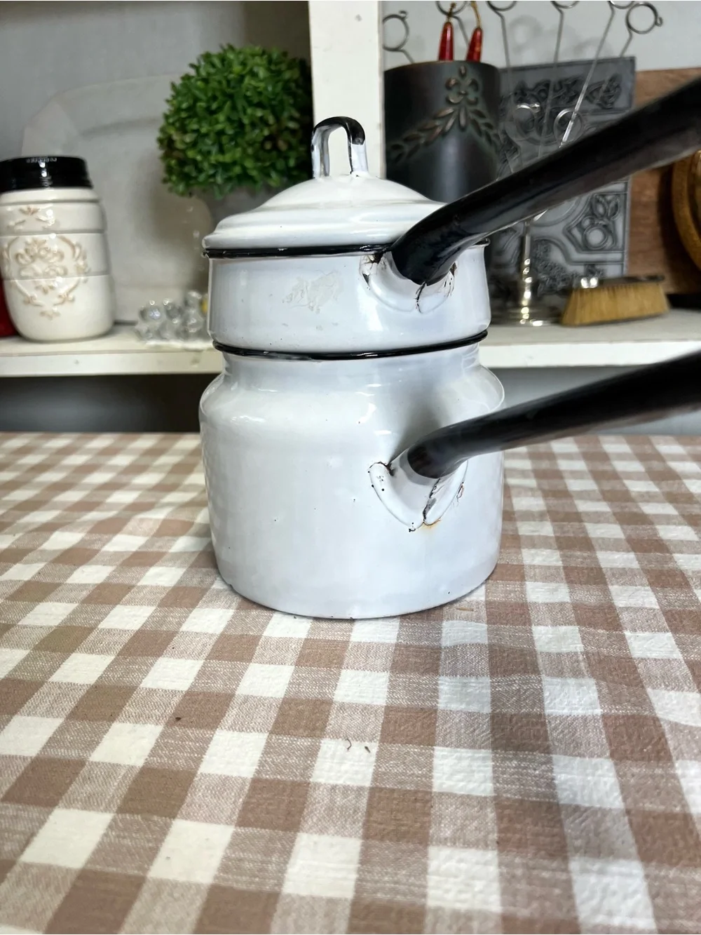 Vintage black white enamel double boiler pan decor cookware grandma core